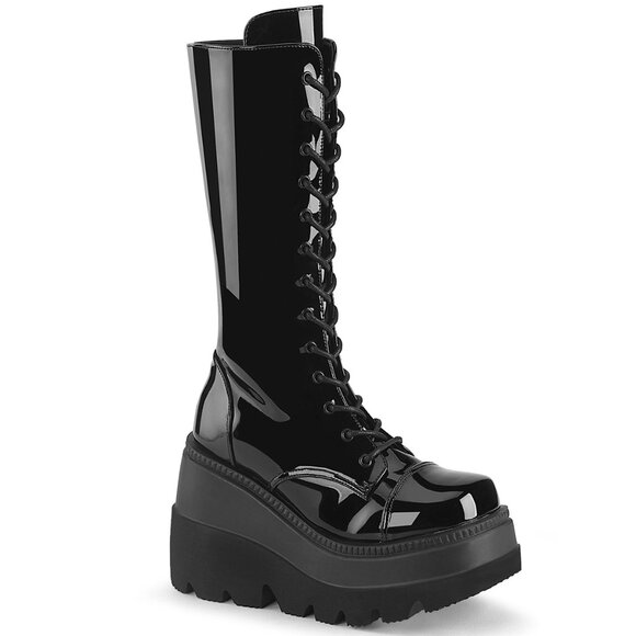 Demonia Shoes - Size 10 NEW  Shaker 72 Black Patent 4.5" Wedge Platform Mid Calf Goth Pu…